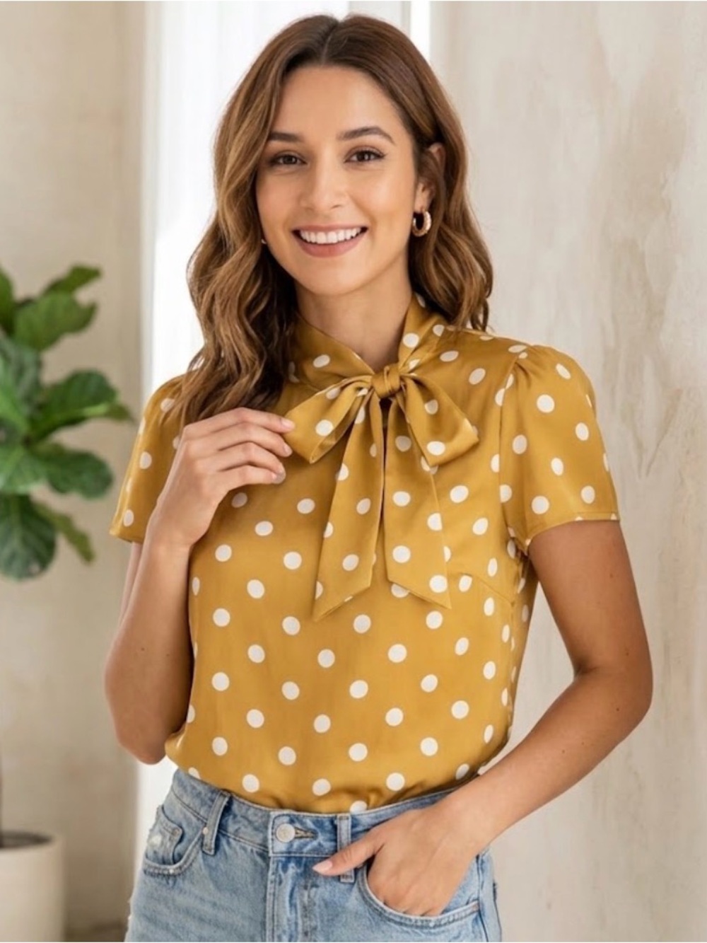 Tulip B Mustard Polka Dot Tie Neck Blouse Retro Style Medium Unique Vintage